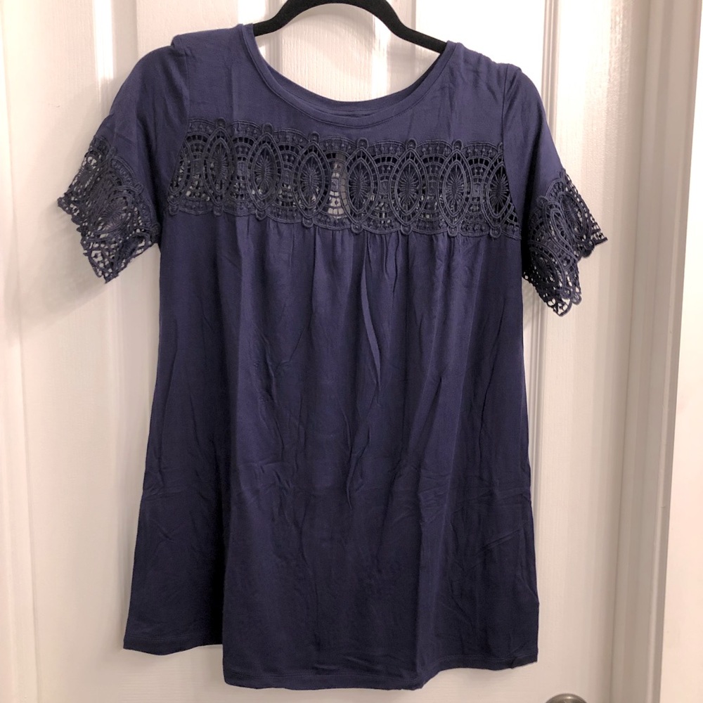 Navy Knit Maternity Ouse with Sheer Embroidery Details